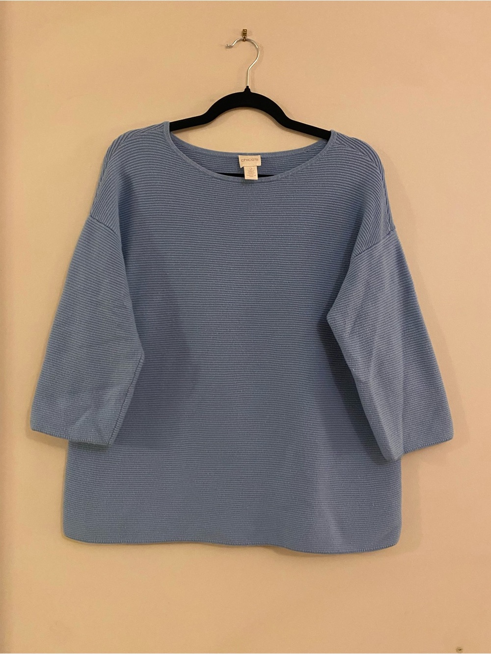 Chico's Sky Blue Ribbed Knit Boatneck Top size 2 (Large)